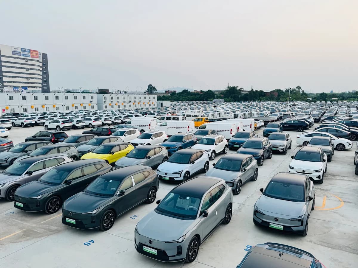 Rows of Volvo vehicles in a vehicle storage yard